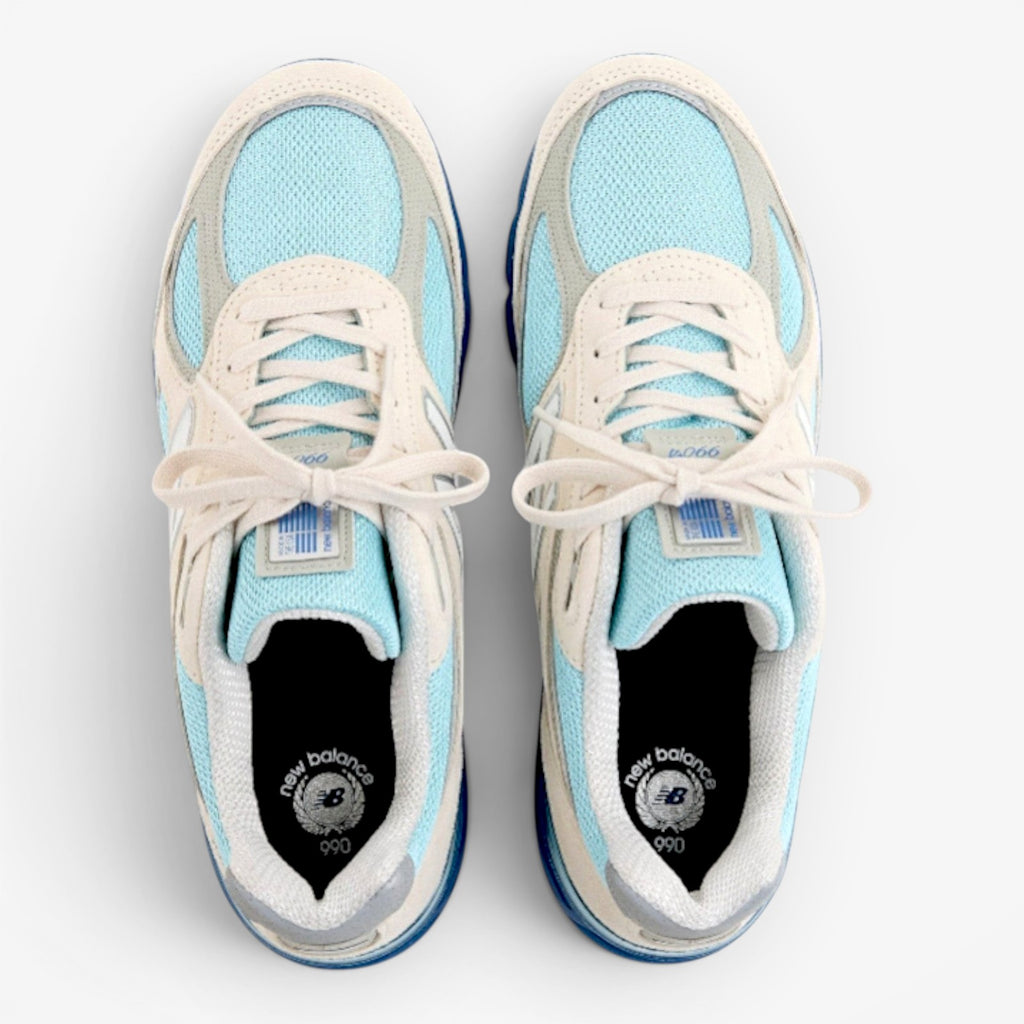 METRO New Balance 990v4 Made in USA sneakers in Moonbeam, Cloud Blue, and Magic Blue with suede overlays and mesh.