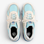 METRO New Balance 990v4 Made in USA sneakers in Moonbeam, Cloud Blue, and Magic Blue with suede overlays and mesh.