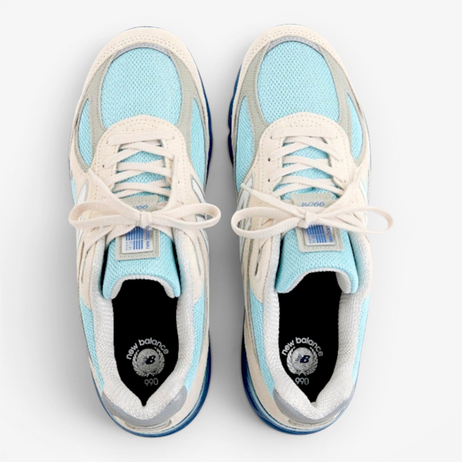 METRO New Balance 990v4 Made in USA sneakers in Moonbeam, Cloud Blue, and Magic Blue with suede overlays and mesh.
