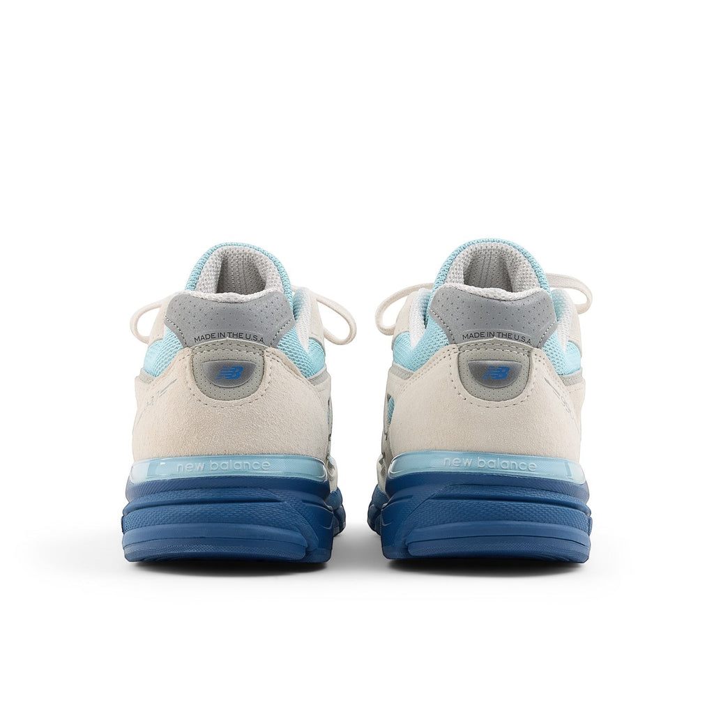 METRO New Balance 990v4 Made in USA sneakers in Moonbeam, Cloud Blue, and Magic Blue suede and mesh with ENCAP cushioning.
