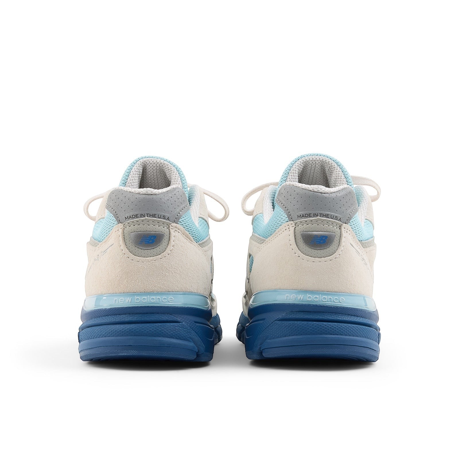 METRO New Balance 990v4 Made in USA sneakers in Moonbeam, Cloud Blue, and Magic Blue suede and mesh with ENCAP cushioning.