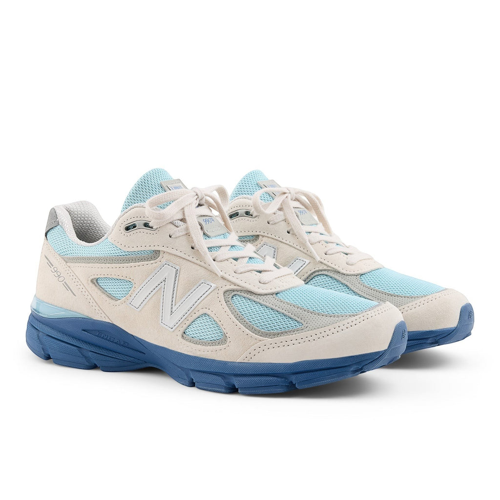 METRO New Balance 990v4 Made in USA sneakers in moonbeam suede with cloud blue mesh and magic blue accents.