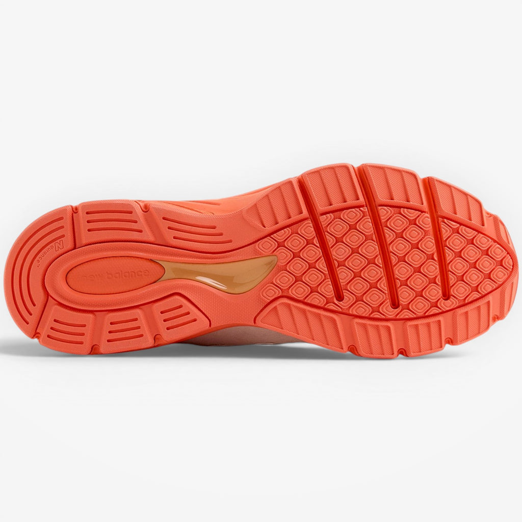METRO New Balance 990v4 Made in USA sneakers in Moonbeam, Tangerine Heat, and Dried Orange. Suede and mesh upper with ENCAP sole.
