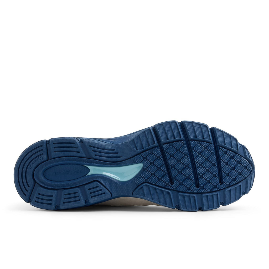 METRO New Balance 990v4 Made in USA sneakers in Moonbeam, Cloud Blue, and Magic Blue with rubber outsole.