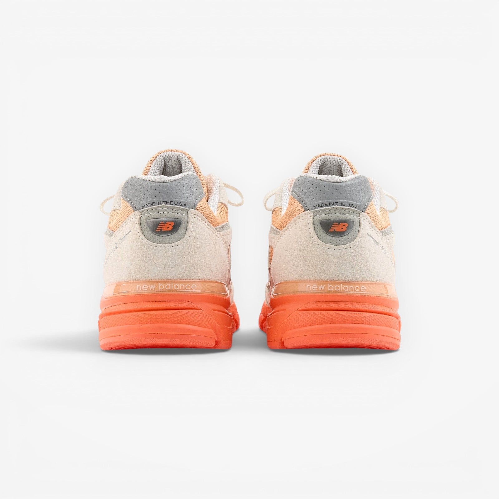 METRO New Balance 990v4 Made in USA sneakers in moonbeam, tangerine heat, and dried orange suede and mesh with ENCAP midsole.