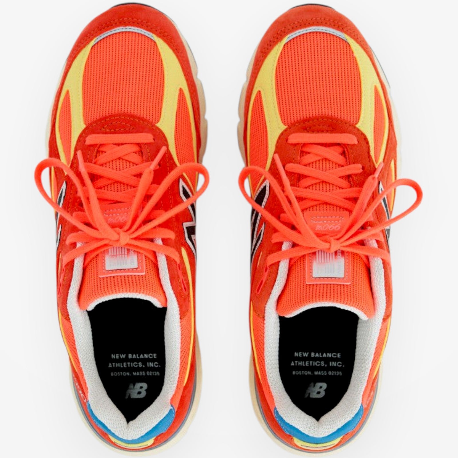 METRO New Balance 990v4 Made in USA Urgent Red Maize Afterglow suede and mesh running shoes.