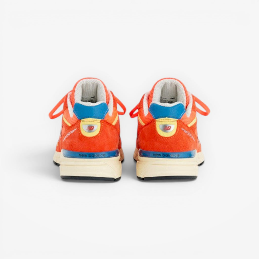 METRO New Balance 990v4 Made in USA Urgent Red Maize Afterglow suede mesh sneakers.