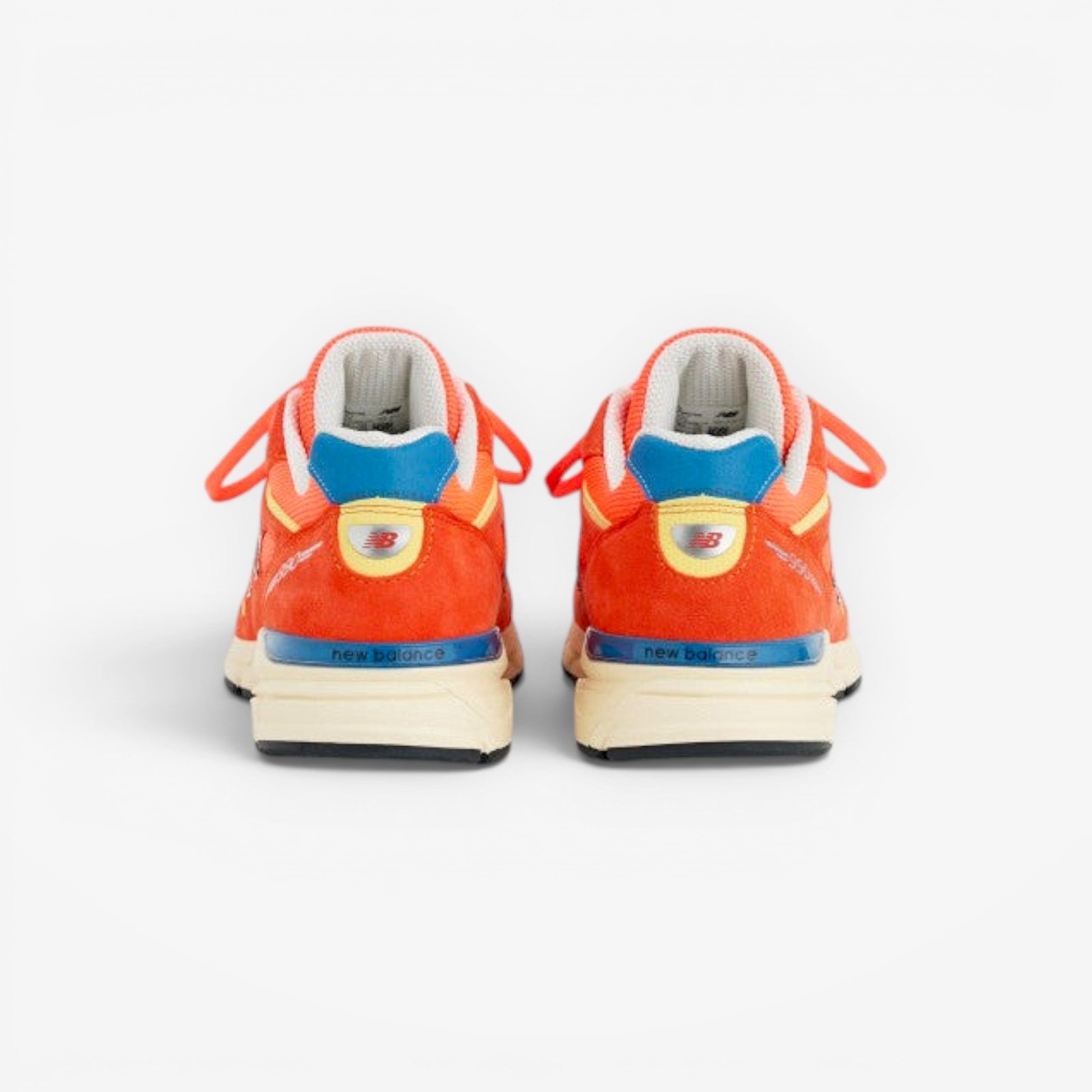 METRO New Balance 990v4 Made in USA Urgent Red Maize Afterglow suede mesh sneakers.