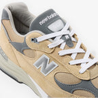 METRO New Balance 992 Made in USA sneaker in incense, white, and grey suede and mesh with signature ABZORB cushioning.