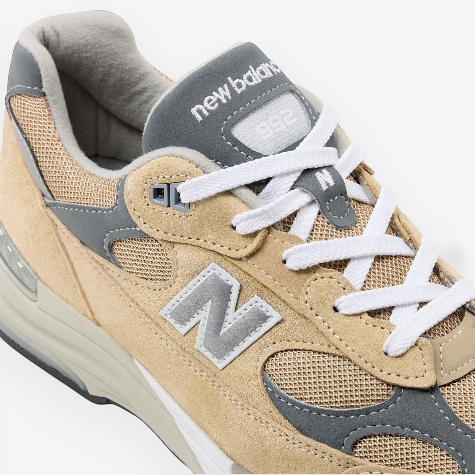 METRO New Balance 992 Made in USA sneaker in incense, white, and grey suede and mesh with signature ABZORB cushioning.