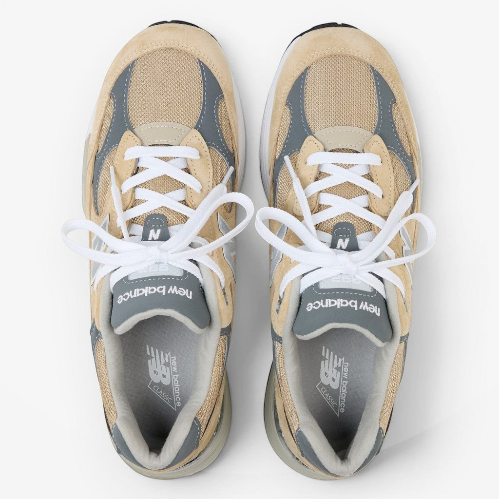 METRO New Balance 992 Made in USA sneakers in incense, white, and grey suede and mesh with white laces.