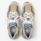 METRO New Balance 992 Made in USA sneakers in incense, white, and grey suede and mesh with white laces.