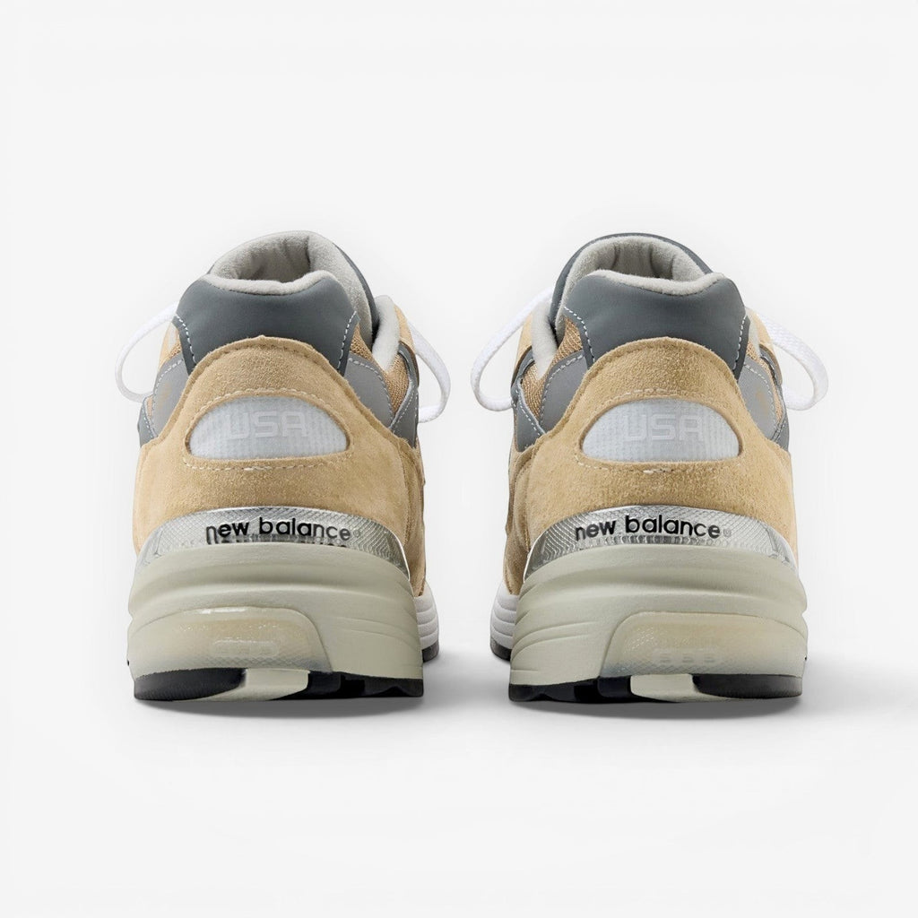 Rear view of METRO New Balance 992 Made in USA sneakers in incense, white, and grey suede and mesh with ABZORB heel.