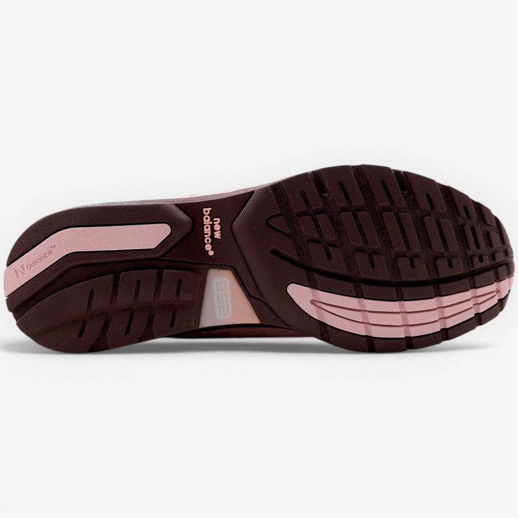 METRO New Balance 992 Made in USA sneaker outsole in dark cherry and pink rubber with NDurance branding.