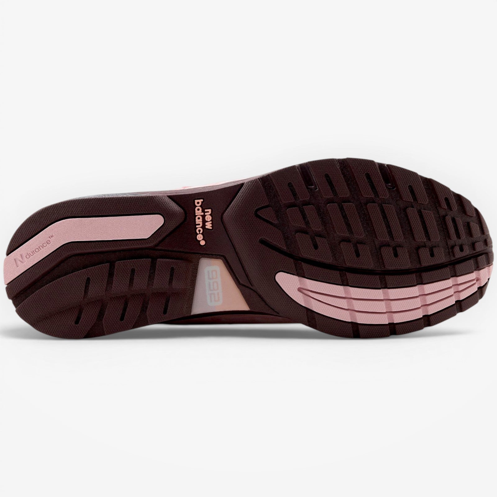 METRO New Balance 992 Made in USA sneaker outsole in dark cherry and pink rubber with NDurance branding.