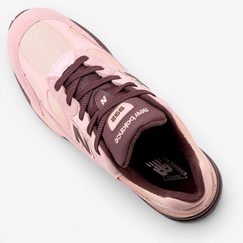 METRO New Balance 992 Made in USA sneaker in pink chalk suede and mesh with cherry leather accents and ABZORB sole.
