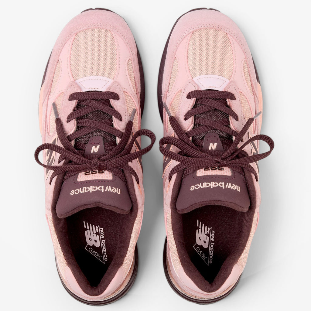 METRO New Balance 992 Made in USA sneakers in Pink Chalk, Pink Lemonade, and cherry suede with mesh and ABZORB tech.