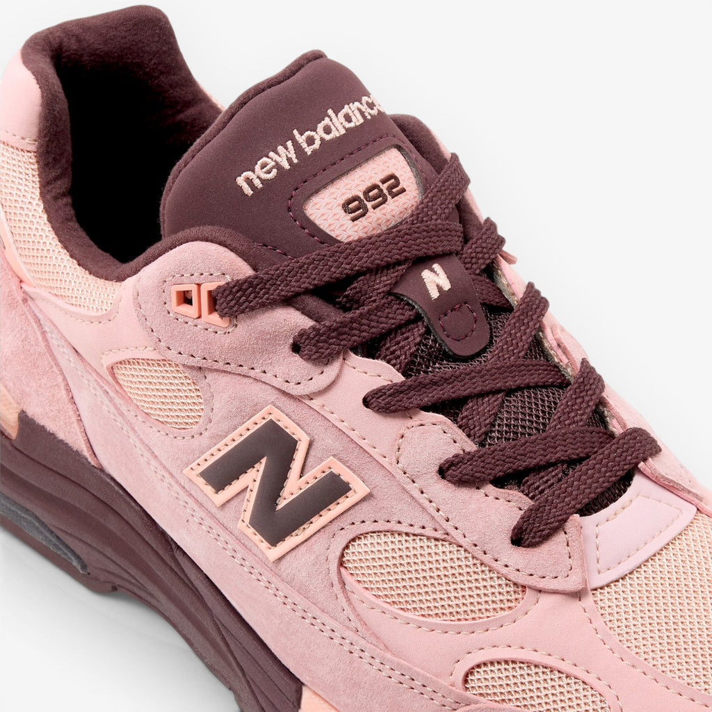 METRO New Balance 992 Made in USA sneaker in pink chalk suede and mesh with cherry leather accents and ABZORB support.
