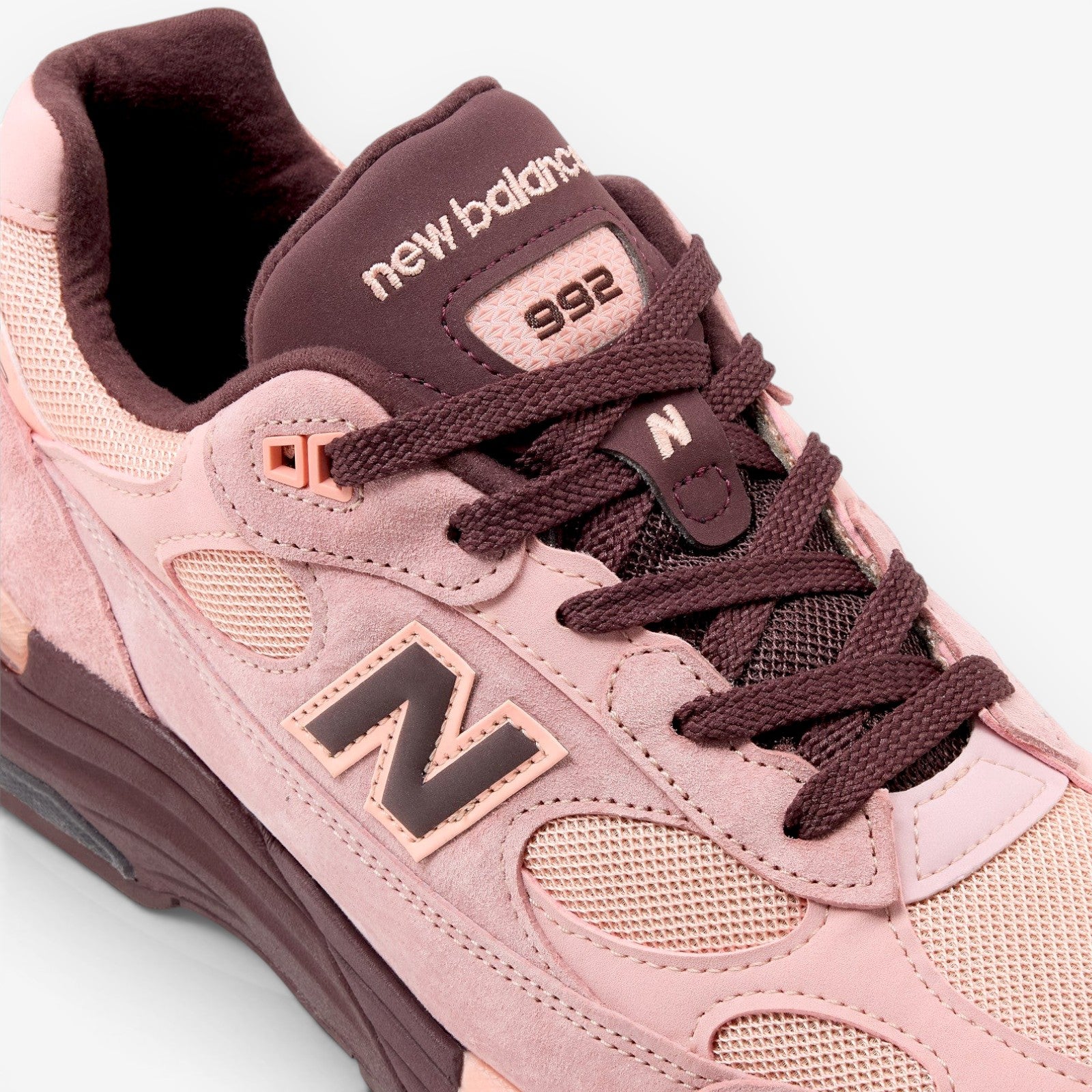METRO New Balance 992 Made in USA sneaker in pink chalk suede and mesh with cherry leather accents and ABZORB support.