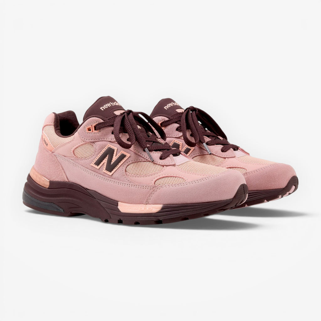 METRO New Balance 992 Made in USA sneakers in pink chalk suede and mesh with cherry leather accents and ABZORB sole.