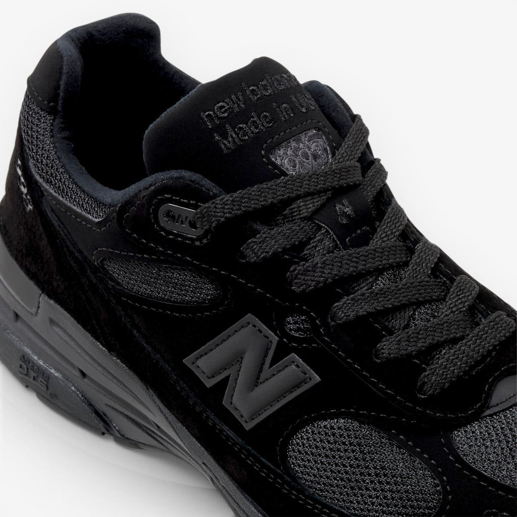 METRO New Balance 993 Made in USA sneaker in triple black suede and mesh with tonal branding and laces