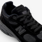 METRO New Balance 993 Made in USA sneaker in triple black suede and mesh with tonal branding and laces