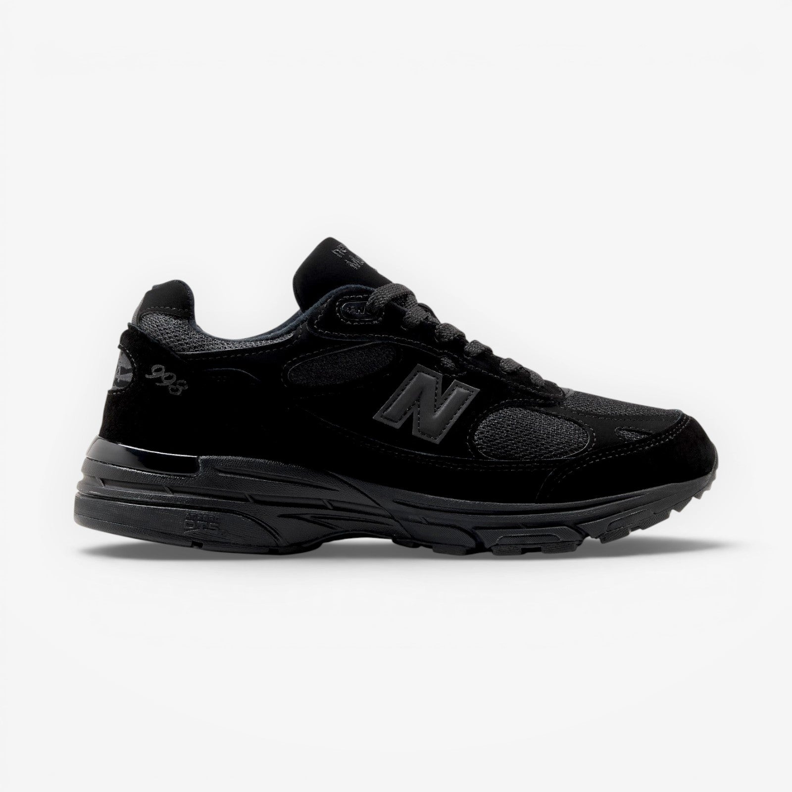 METRO New Balance 993 Made in USA sneaker in triple black with premium suede and mesh upper and ABZORB cushioning.