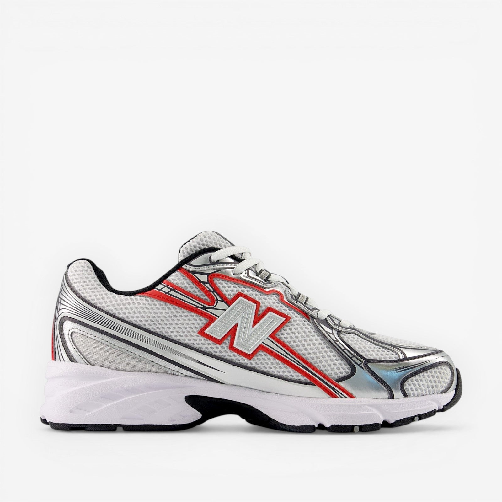 White running shoe with red accents on a white background