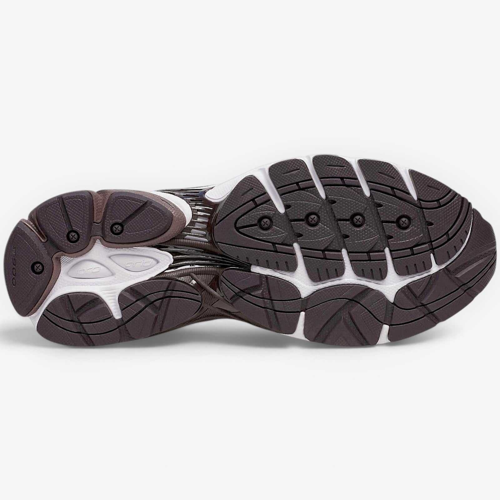 METRO ProGrid Omni 9 retro runner sneakers in brown, white, and silver with breathable mesh and ProGrid cushioning.