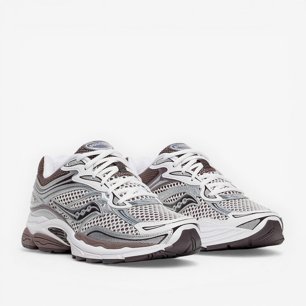 METRO ProGrid Omni 9 white and brown mesh and synthetic retro running shoes with silver accents.