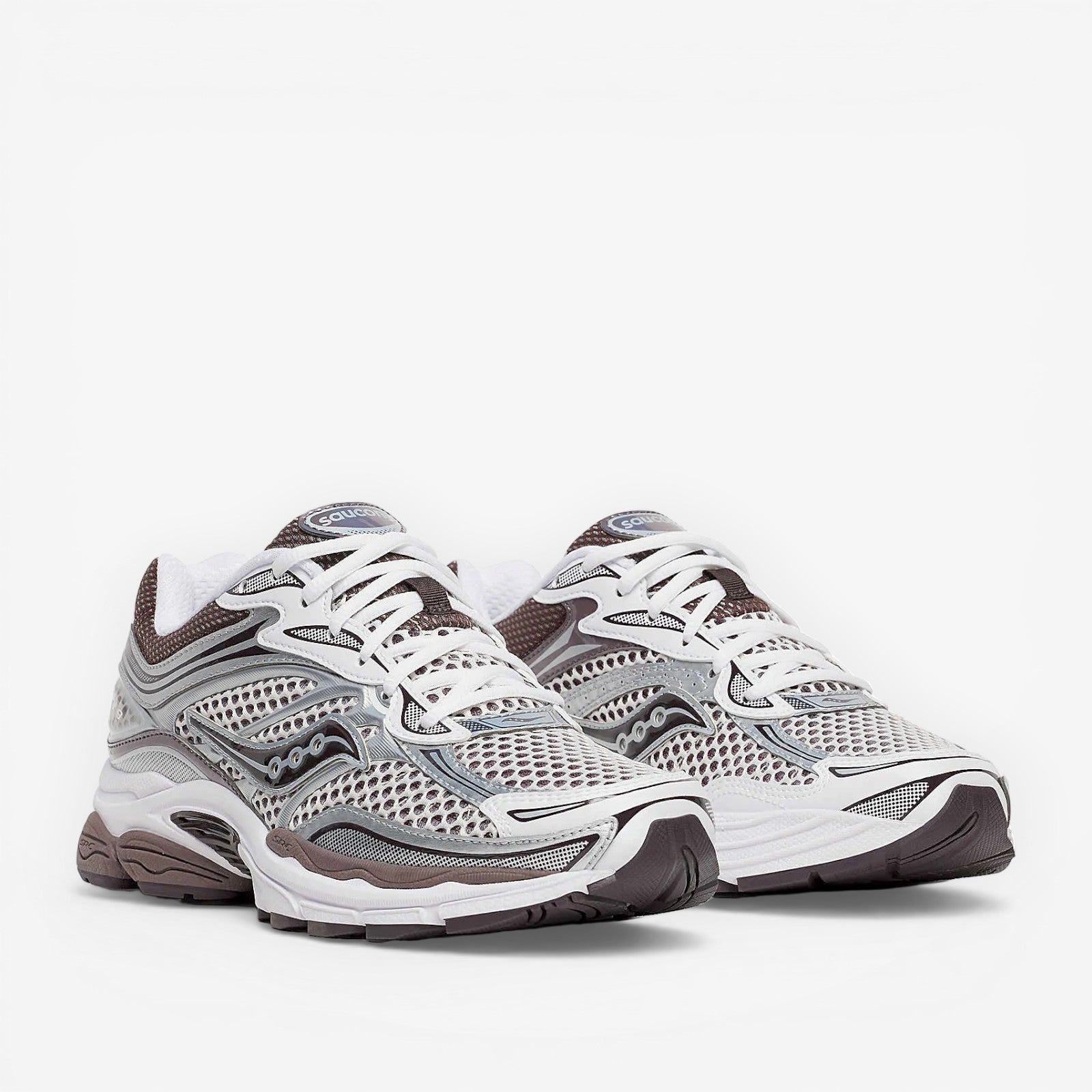 METRO ProGrid Omni 9 white and brown mesh and synthetic retro running shoes with silver accents.