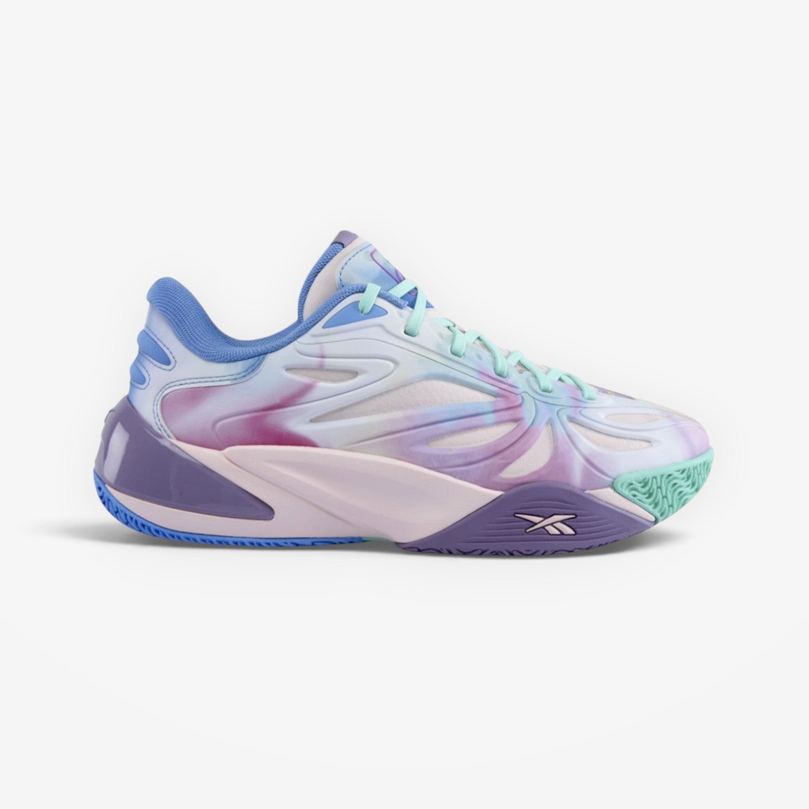 METRO Reebok Angel Reese 1 basketball sneaker in atomic aqua, dream purple, and peri blue with mesh and synthetic upper.