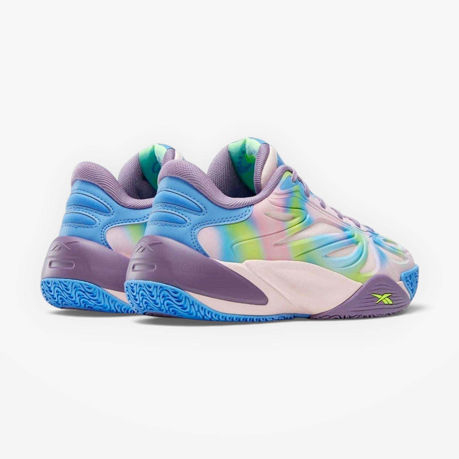 METRO Reebok Angel Reese 1 kids basketball sneakers in atomic aqua, dream purple, and peri blue with a TPU exoskeleton.