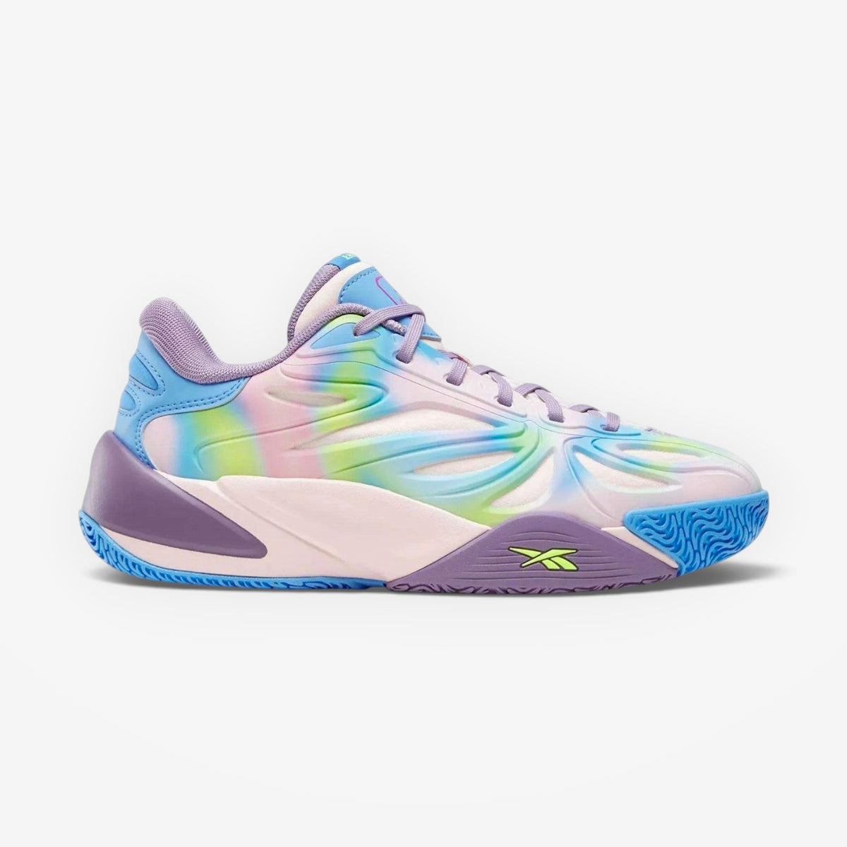 METRO Reebok Angel Reese 1 kids basketball sneakers in atomic aqua, dream purple, and peri blue with TPU exoskeleton.