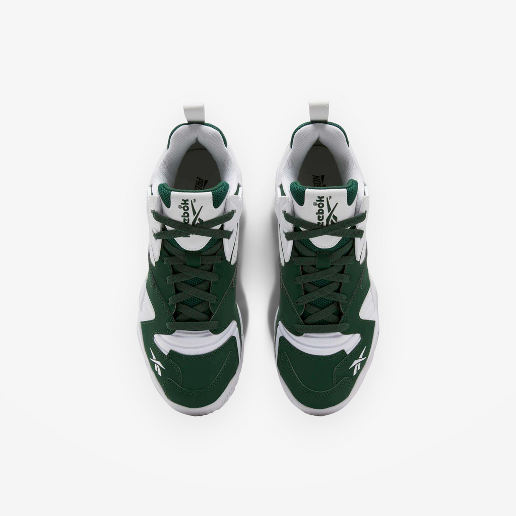 METRO Reebok Brutus Low sneakers in heritage green and white with synthetic upper and lace-up closure, top view.