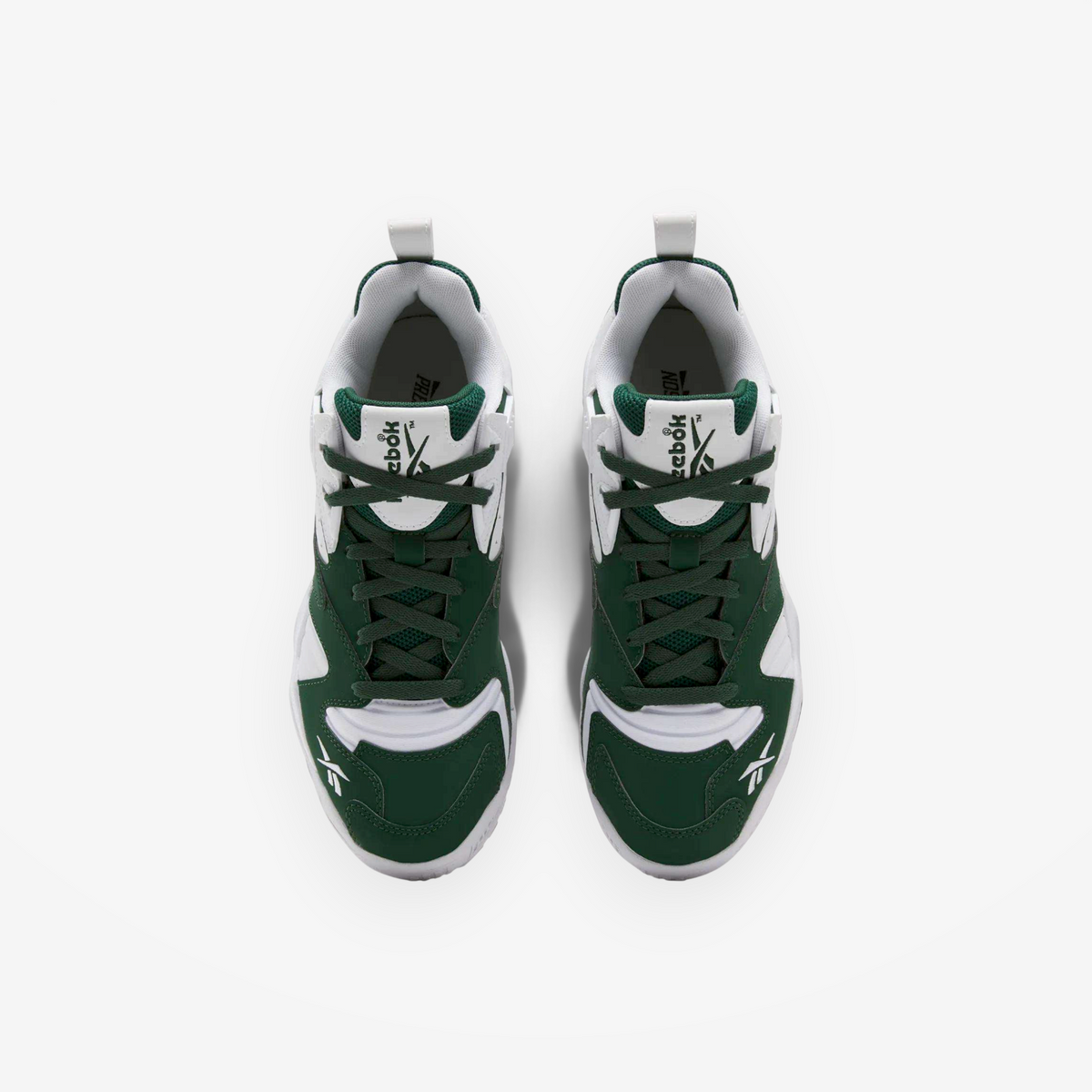 METRO Reebok Brutus Low sneakers in heritage green and white with synthetic upper and lace-up closure, top view.