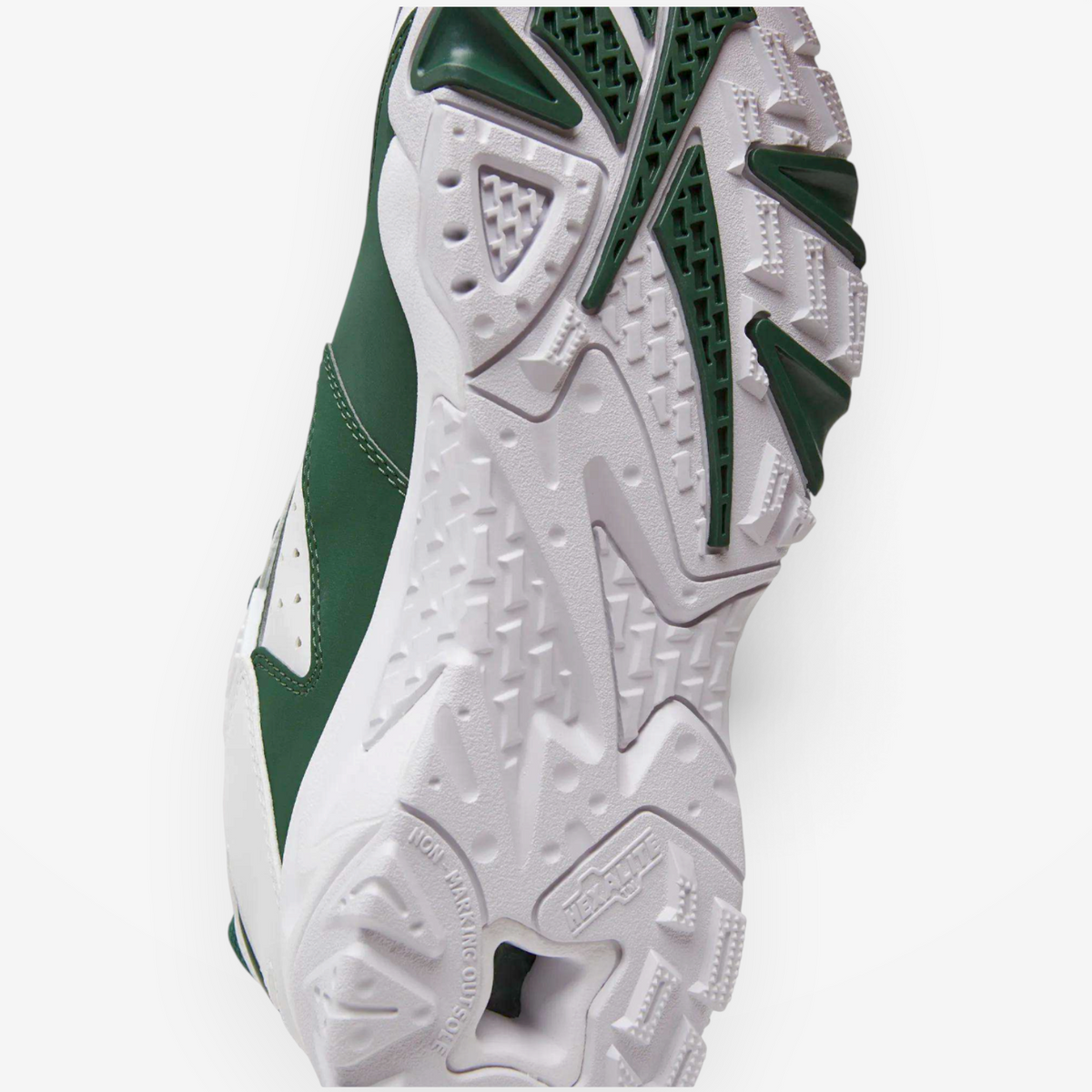 METRO Reebok Brutus Low sneaker showing the white and heritage green textured non-marking rubber outsole detail.