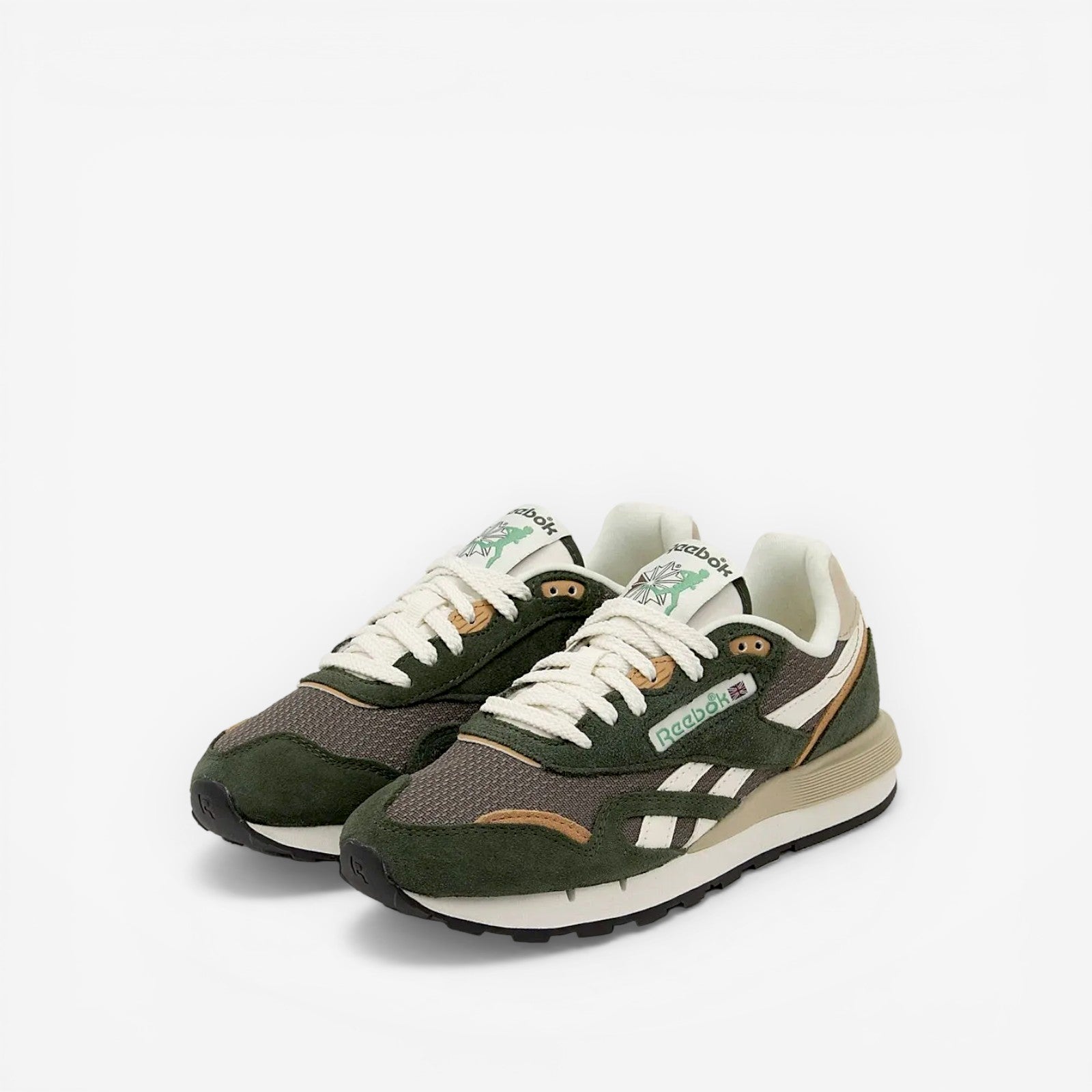 METRO Reebok Classic Nylon 89 Grit Green nylon and suede retro running sneakers with white laces and EVA midsole.