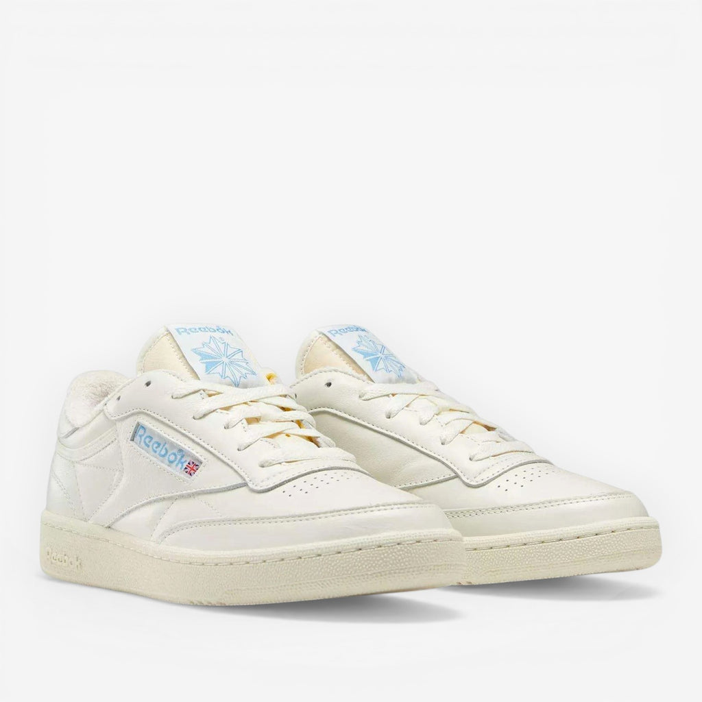 METRO Reebok Club C 85 Vintage chalk blue leather low-top sneakers with EVA cushioning and rubber outsole.