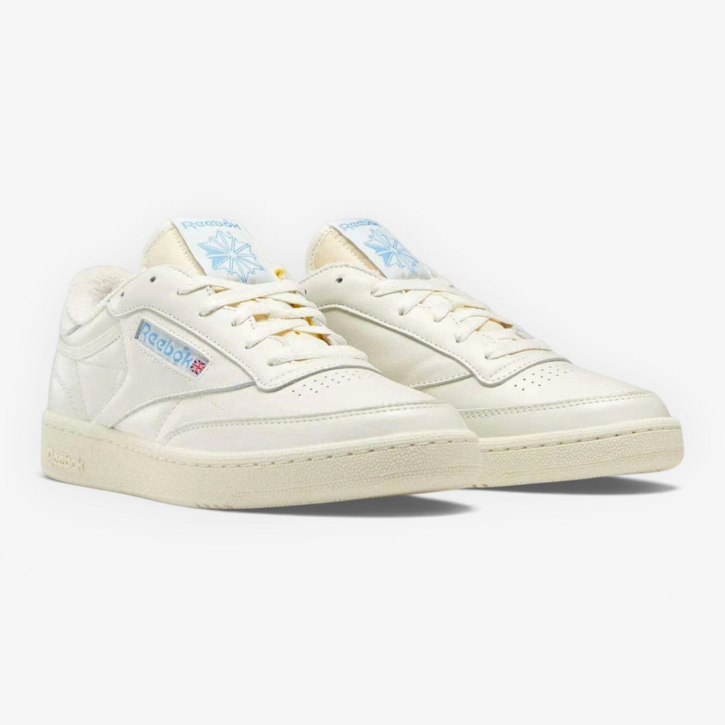 METRO Reebok Club C 85 Vintage chalk blue leather low-top sneakers with EVA cushioning and rubber outsole.