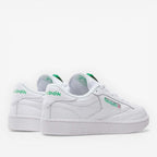METRO Reebok Club C 85 white green leather low-top sneakers with lace-up closure and round toe.