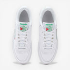 METRO Reebok Club C 85 white green leather low-top sneakers with lace-up closure and classic tennis shoe style.