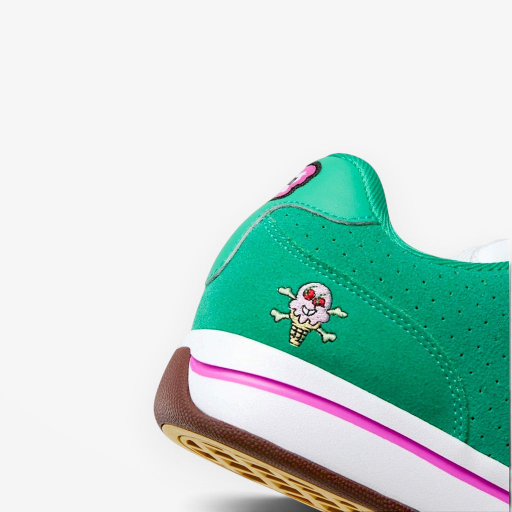 METRO Reebok x BBC Ice Cream Board Flip skate shoes in green suede with pink accents and embroidered ice cream logo. Low-top design.