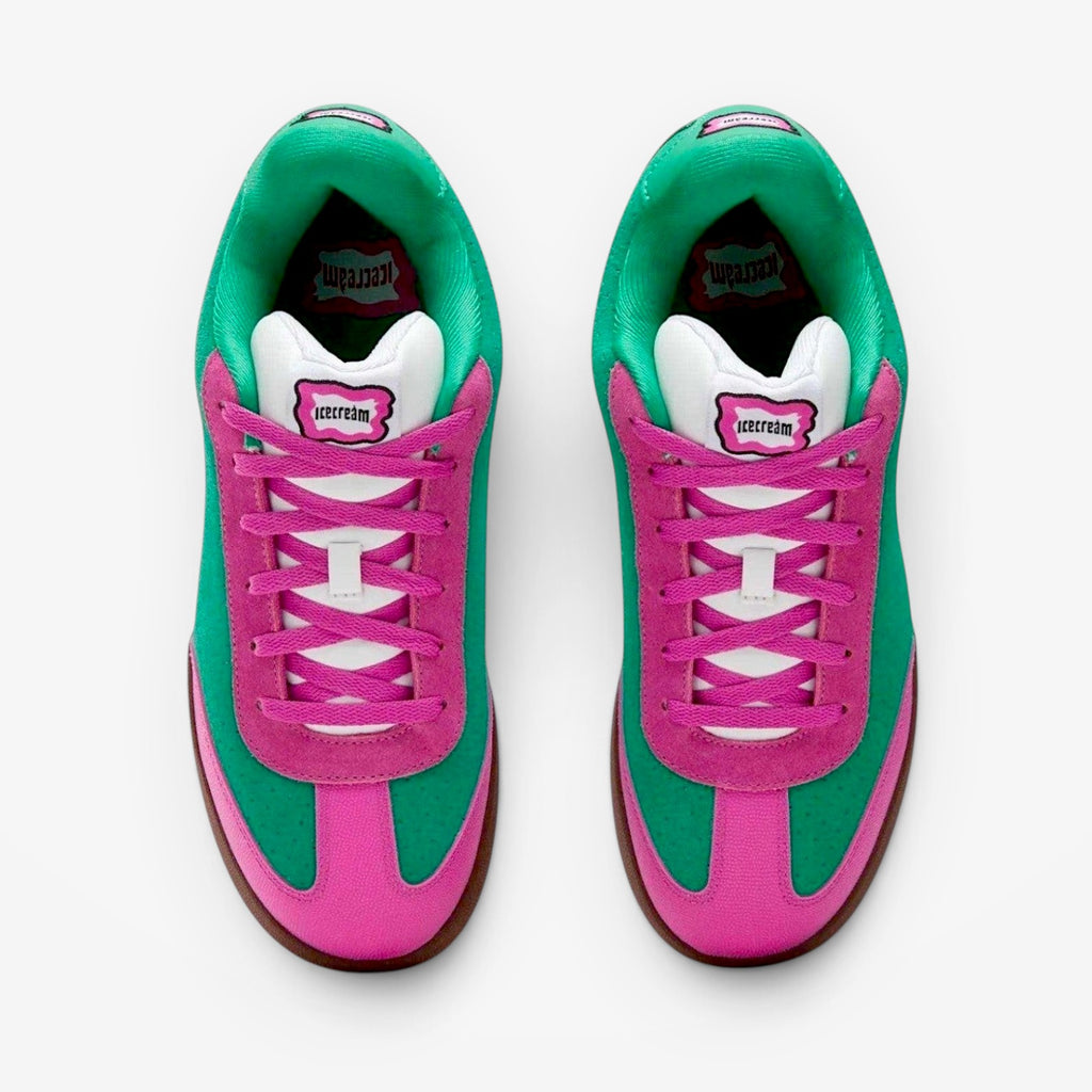 METRO Reebok x BBC Ice Cream Board Flip skate shoes in watermelon pink suede with white laces and green accents.