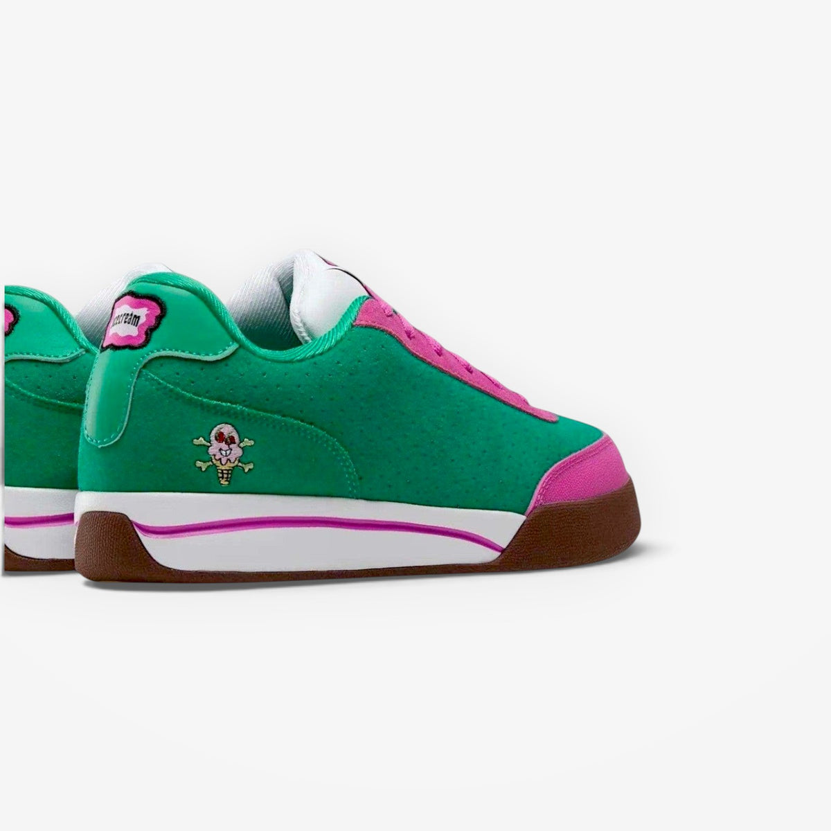 METRO Reebok x BBC Ice Cream Board Flip skate shoes in green suede with pink accents and a rubber sole. Features Ice Cream branding.