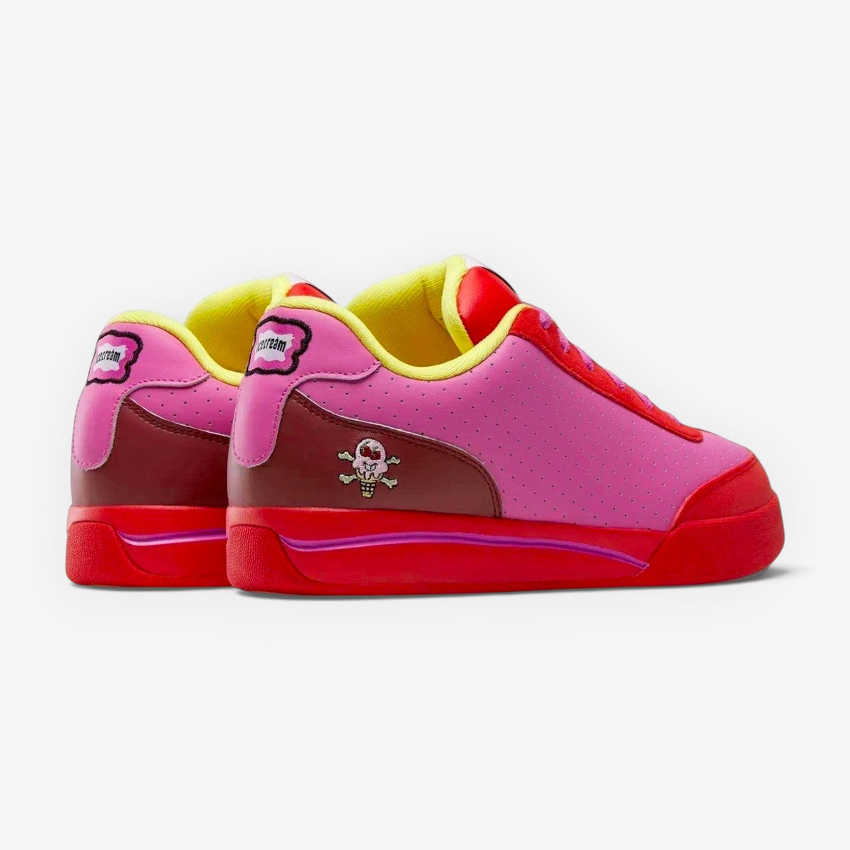 METRO Reebok x BBC Ice Cream Board Flip skate shoes in pink, red, and yellow suede with perforated details and iconic branding.