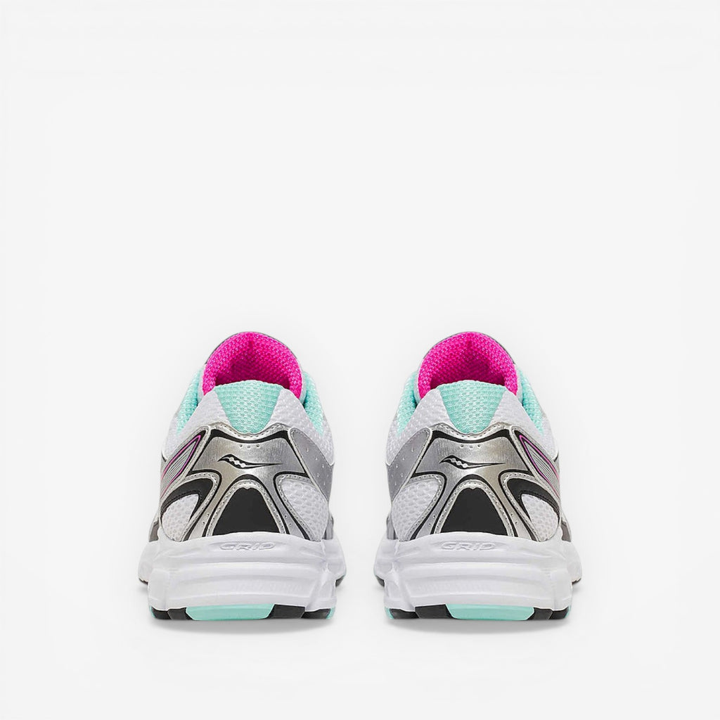 METRO Ride Millennium women's running shoes in silver, aqua, and white with mesh and synthetic overlays.