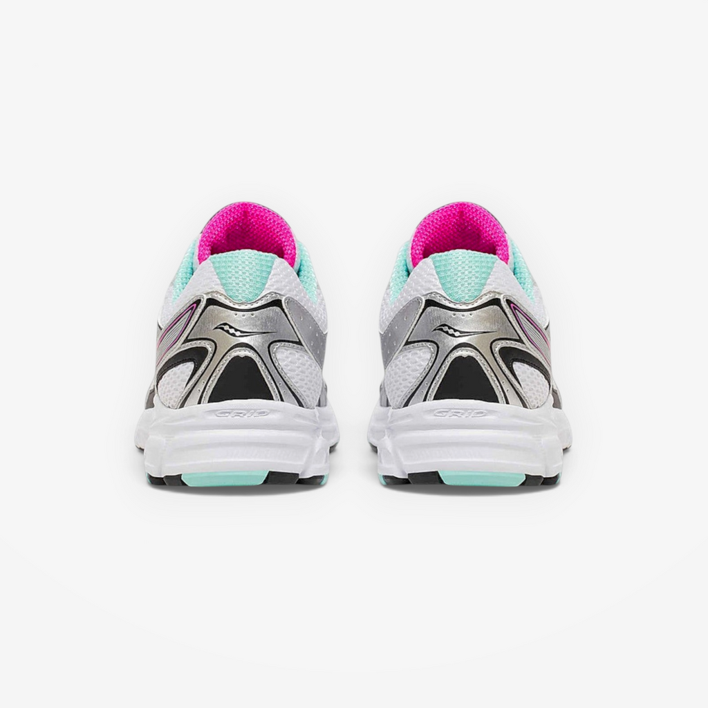 METRO Ride Millennium women's running shoes in silver, aqua, and white with mesh and synthetic overlays.