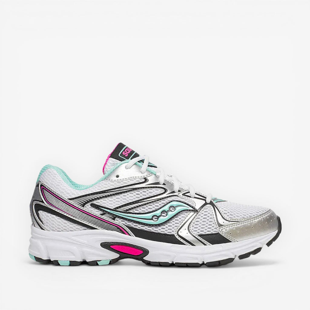 METRO Ride Millennium women's sneakers in silver, aqua, and white mesh with synthetic overlays and cushioned sole.