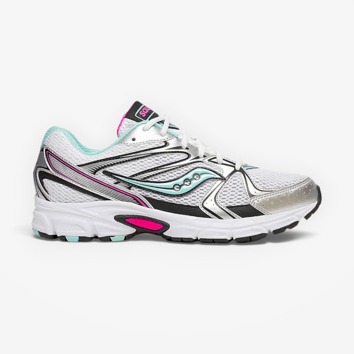 METRO Ride Millennium women's sneakers in silver, aqua, and white mesh with synthetic overlays and cushioned sole.